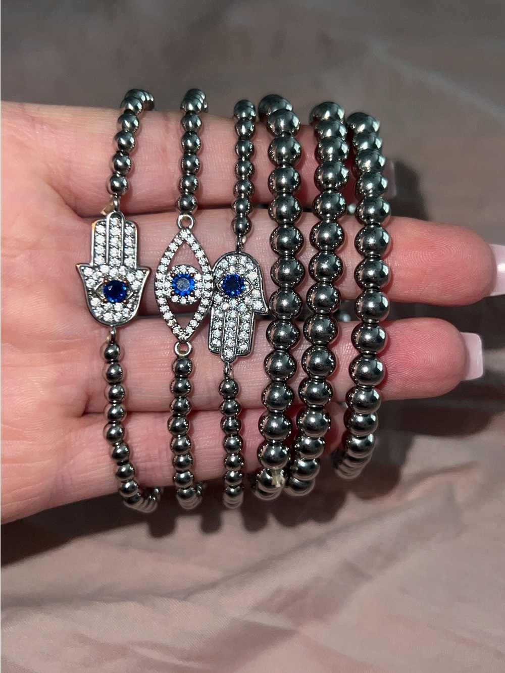 Hamsa and Evil Eye Hematite Beaded Bracelet Set - Blue Crystal Accents